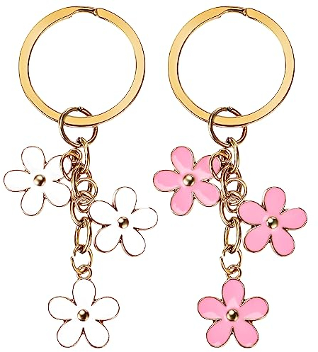 Bewudy 2 pièces Fleur Porte-clés, Sac Porte-clés pour Femme Sac Charm Pendentif pour Femme Fille DIY Décoratif Cadeau Fête des Mères (Rose+Blanc)