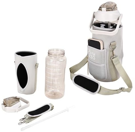 Gym Keg 2.2L Water Bottle Carrier with Shoulder Strap - Includes Phone Holder - Leak Proof - Bottle Holder Bag - Large Capacity - Gym Water Bottle with Sleeve for Active Lifestyle - Cannoli Cream