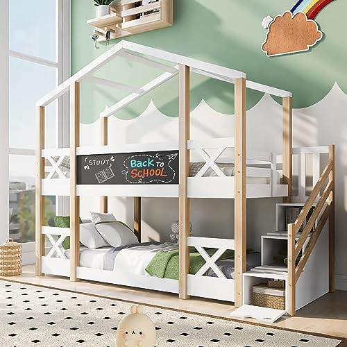 kubeier Kinderbett, Hochbett 90x200 mit Speicherung und Rausfallschutz, Etagenbett Spielbett, Hausbett, Hochbett für Kinder– 2X Lattenrost- Natur & Weiß