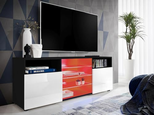 Komodee, TV-Schrank Urbino, Schwarz/Weiß, Breite 140 cm x Höhe 53 cm x Tiefe 35 cm, LED RGB, 3 Glasböden, 2 Fächern mit Türen, 2 offenen Fächern für Wohnzimmer, Schlafzimmer