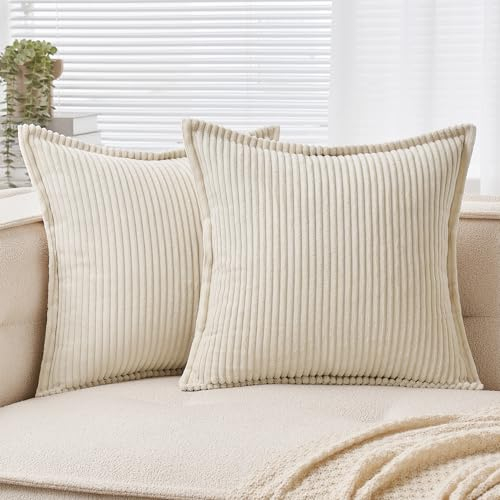 EMEMA Kordsamt Kissenbezug Weiche Kissenhülle Dekorative Sofakissen 50x50 cm 2er Set Dekokissen Moderne Zierkissenbezug Gestreifte Kissenbezüge für Wohnzimmer Schlafzimmer Creme