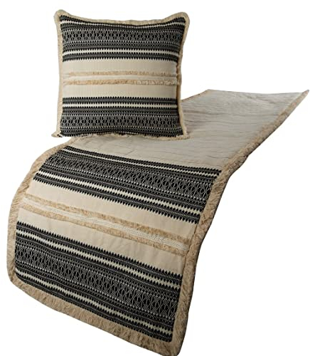 Beige Bett Renner, Königin 185 x 45 cm Dekorative Bettläufer MIT 2 passendem Kissenbezug, Beige & Schwarz Leinen marokkanisch Bettschal in Gestepptes Naturleinen mit Spitze - Moroccan Vibe