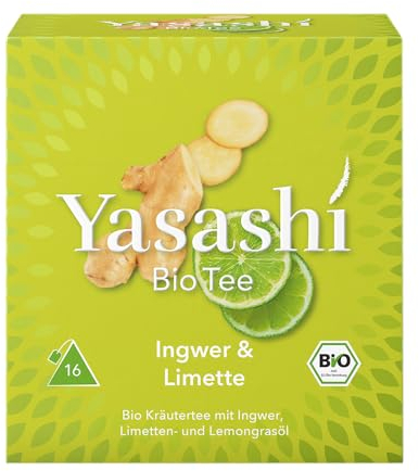 Yasashi Tee | Ingwer & Limette | 16 Pyramidenbeutel | Glutenfrei | Laktosefrei | Vegan
