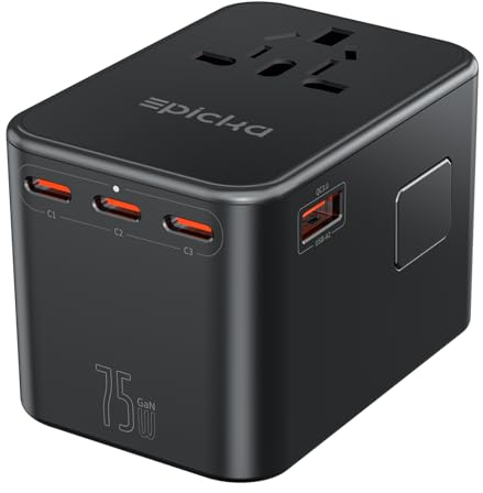 EPICKA Reiseadapter Weltweit, GaN 75W Reisestecker PD Schnellladegerät, Universal Travel Adapter mit 3 USB-C, 2 USB-A, Internationaler Steckdosenadapter für USA UK Kanada Japan Thailand TA-105 Max
