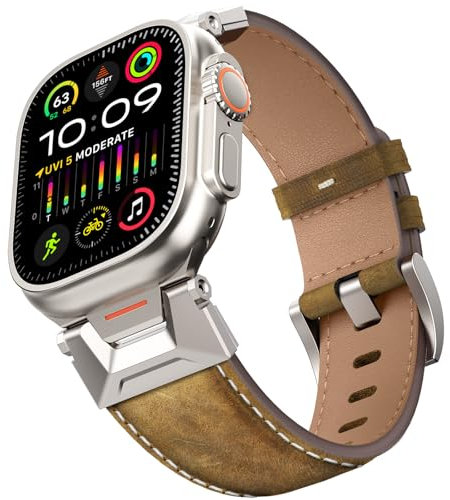 Bouixel Correa de piel auténtica compatible con Apple Watch Ultra2/Ultra Band de 49 mm, 45 mm, 44 mm, 42 mm, para hombres y mujeres, correa de cuero resistente con conectores de acero inoxidable para