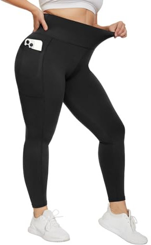 HIPOWER Leggings Damen High Waist Leggins Blickdicht Große Größen Schwarz Sportleggins Lang Bauchweg Plus Size Sporthose Elastische Yogapants Laufhose(Schwarz-Mit Taschen,XXL)