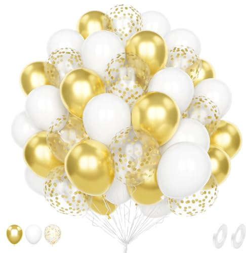 Luftballons Gold Weiße,60 Stück Matt Metallice Gold Weiße Latex Hélium Konfetti Ballons für Frauen Männer Geburtstag Babyparty Brautdusche Jahrestag Verlobung Hochzeit Abschluss Party Dekoration