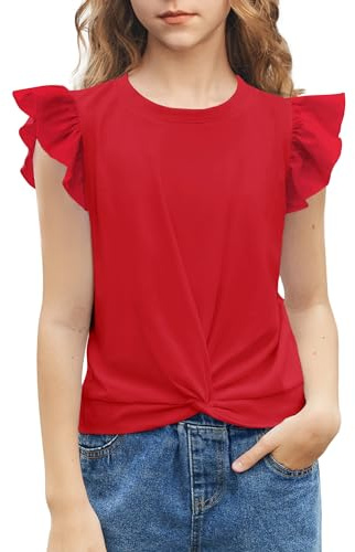 Arshiner T-Shirt da Ragazza Maniche Volanti Estate Tempo Libero Camicie per Bambini Moda Girocollo in Cotone T-Shirt Basic a Maniche Corte per Ragazze Rosso 150