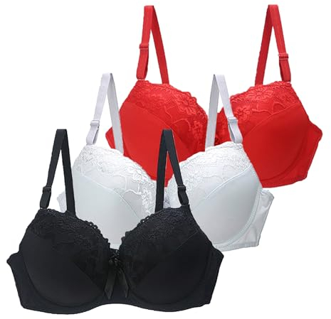 CSWH 3er Pack BHS Damen mit Bügel Push Up Sexy Spitzen-BH Frauen Starker Halt Große Brüste Klassische BH Set Bequemer Unterwäsche Bra mit verstellbarem für Alltag