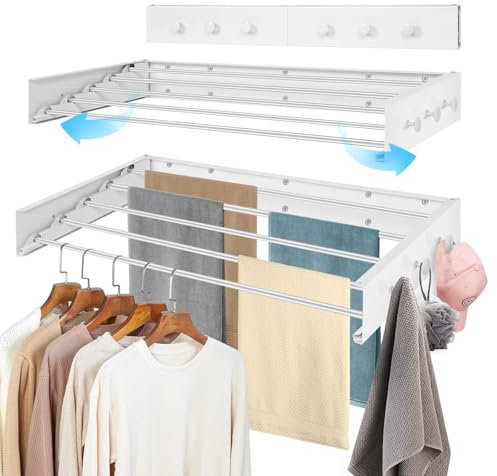 Joyoleder Wäscheständer Wandmontage,100 cm wäschetrockner Wand platzsparend ausziehbar mit 6 Handtuchhaken,Wand Wäschetrockner für drinnen oder draußen,Balkon, Terasse（Weiß）