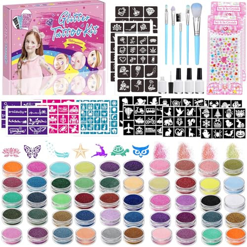 TEUVO 50 Colours Glitter Tattoos for Kids with 199 Tattoo Stencils, 230 Rhinestones, 5 Brushes Temporary Tattoo Kit Glitter for Girls Boys Christmas Birthday Halloween Carnival Party Festival