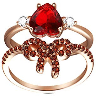 GNOCE Zweiteiliges Ring Set 18 Karat Roségold 925 Sterling Silber mit Rot Herz und Bogenknoten Zirkonia 2 Stapelbare Hochzeit Band Ringe Geschenk für Damen