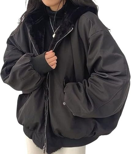 NIUVOO ﻿Women's Winter Cropped Jacket Fleece Cropped Parka Cardigan Jacket Loose Reversible Parka with Hood Winter Warm Leisure Outdoor Coat