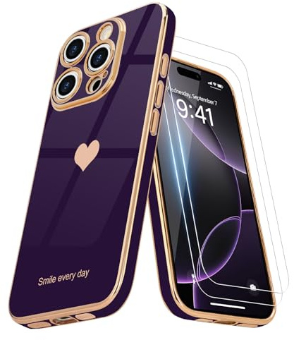 Teageo Cute Heart Girly Design Case for iPhone 16 Pro, Dark purple | with 2 Screen Protectors, Luxury Bling Plating Phone Case, Soft TPU Cover, Shockproof Bumper, for Women Girls