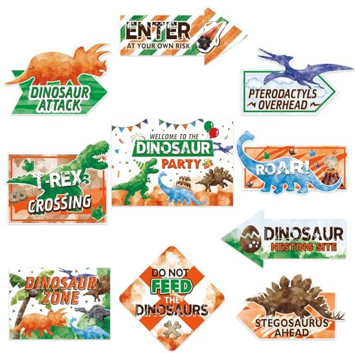 Wernnsai Dinosaur Decorations - 10 PCS Dinosaur Zone Signs Welcome Poster Backdrop for Kids Boys Birthday Party Theme Supplies Wall Yard Decor Fun Sign