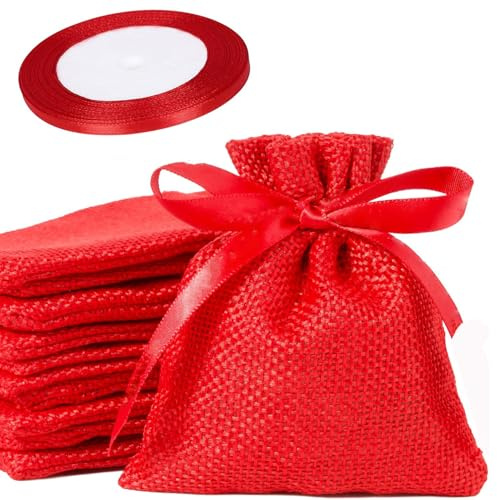 MEISO 30 Stück Jutebeutel für Konfekt, Hochzeit, Konfekt, Taufe, mit Satinband, für Hochzeit, Taufe, Kommunion, Geburt, Geburtstag, Party (rot)