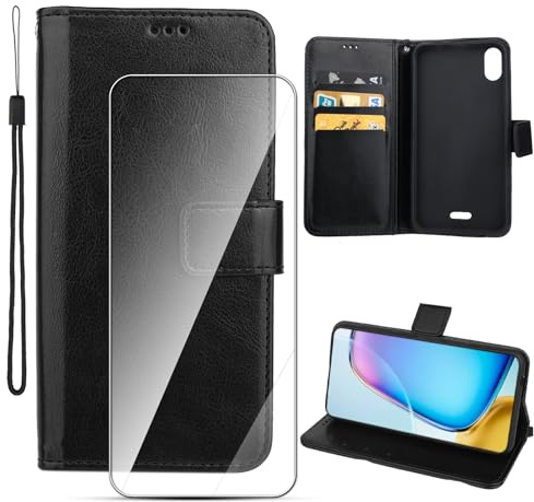Houjunor Étui Cuir pour Wiko Y50, Coque Rabat en Cuir avec Fermeture magnétique, résistante aux Chocs, Porte-Cartes et Fonction Support pour Wiko Y50 (Noir), incluant 1 Verre trempé HD