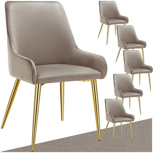 tectake® 6er Set Samt Stuhl, Esszimmerstühle, ergonomischer Sessel Stuhl, Möbel für Wohnzimmer, Armlehnstuhl für Esstisch, als Küchenstuhl, Essstühle skandinavisch, Schalenstuhl modern - Taupe
