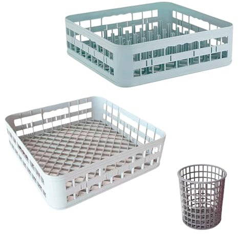 Kit De 2 Cestas De Lavado + 1 Cubilete Para Cubiertos - Lavavajillas Industrial Hosteleria, Cesta Lavavajillas, Lavavasos Industrial Hosteleria, Higiénico, Apilable, Dimensiones: 40x40x12 Cms