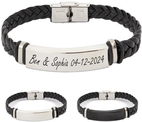ibera gifts - Personalisiertes Armband mit Gravur, Edelstahl Armband für Damen und Herren, Länge 21,5 cm, Armband personalisiert, Geschenkidee mit Geschenkbeutel (Silber - Schwarz)