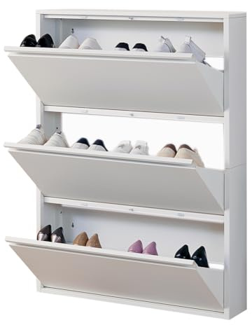 iCHENGGD Schuhschrank mit 3 Klappschubladen, versteckter schmaler Schuhregal, Wandmontage, Metall-Schuhschrank für Eingang, Weiß