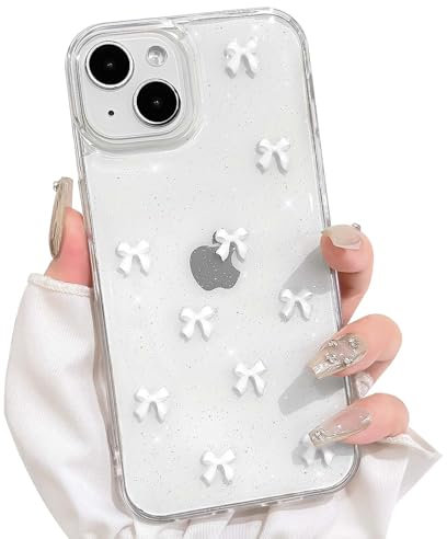 NITITOP Compatible with iPhone 13 Mini Case Clear Cute Sparkly 3D Bow Bling Glitter Bowknot for Women Girls Ultra Slim Anti-Yellow Protective Phone Cover - White Bow