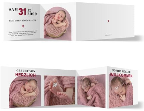 Personalisierte Geburtskarten im Chronos 4 Fotos Motiv, ab 10 bis 100 Stück selbst gestalten, Klappkarte mit eigenen Bildern