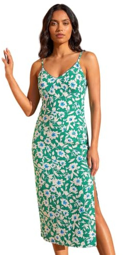 Roman Plain Stretch Jersey Pocket Midi Dress for Women UK - Ladies Spring Everyday Summer Holiday V-Neckline Comfy Sleeveless Soft Frock Vacation Gowns - Floral Green - Size 10