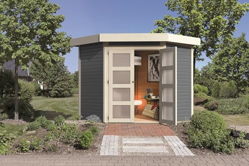 CHILLROI® Karibu Gartenhaus Taraba aus nordischem Fichtenholz Holzhaus Eckegartenhaus in terragrau inkl. Dachfolie und Bodenelement in versch. Ausführungen (Taraba Basic)