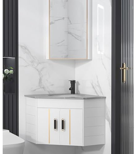 MYUYEE Lavabo Moderno de Pared para baño Lavabo de Esquina para Espacios pequeños con Espejo diseño de losa de Roca.,Un Color: Gris Blanco