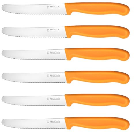 targzier Tomato Knife Set of 6,Serrated Kitchen Knife Set,Ultra Sharp Kitchen Knives Set,Orange Stainless Steel Utility Knife,Wavy Edge Tomato Knives&Table Knives,Plastic Handle Dinner Knifes