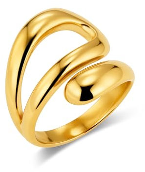 ALEXCRAFT Bague Femme Or, Bagues Goutte d'Eau Chunky, Bague Creux, Hypoallergéniques, Acier, Bague Empilables 14K Or Plaqué, Bague Pouce Ouvert, Épais Bague Ajustable pour Femme Fille Homme