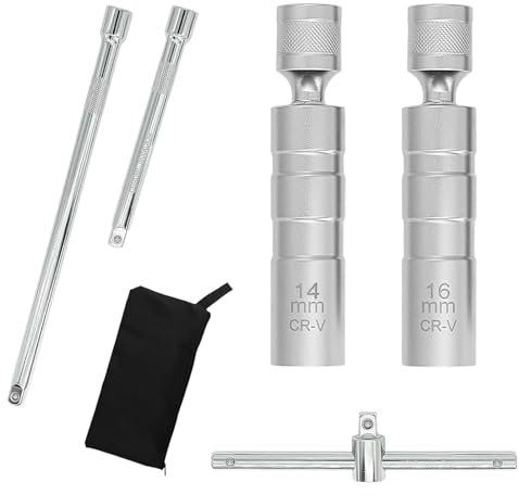 Thin Wall Spark Plug Socket Set: 6pcs Magnetic Spark Plug Sockets 12 Point Universal Joint 3/8 Inch Drive Socket Extension Bars for Automobiles Car Repairing Removal Tool (14mm & 16mm)
