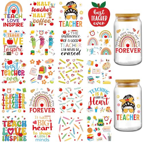 INCOK Rub on Transfers for Crafts - 20 Sheets Teacher UV DTF Glass Cup Wraps for 16 oz Water Bottle Thank You Transfer Stickers Rub on Coffee Mug, Teacher Appreciation Week DIY Gifts