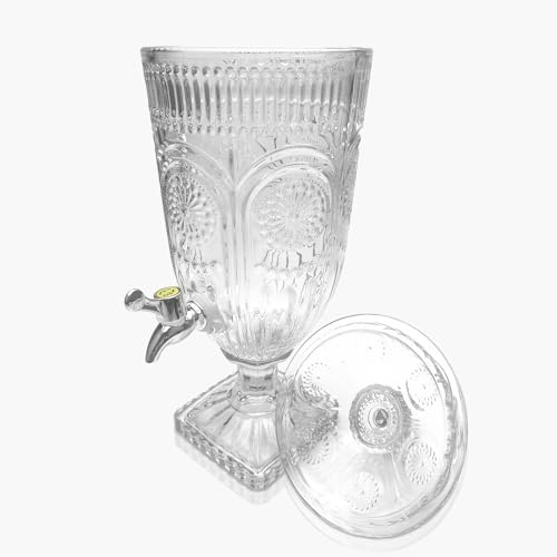 3L Drink Dispenser with Stainless Tap, Glass Drink Dispenser for Parties, Glass Iced Beverage Dispenser with Wide Mouth for Party Wedding Home Picnic Birthday (Style 4)