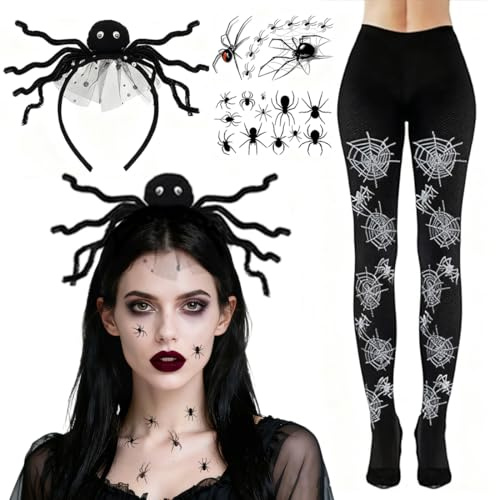 Nepturion 4 Stück Halloween Kostüm Spinne Accessoires Damen, Spinnennetz Strümpfe, Spinnen Haarreif Kopfschmuck, Strumpfhose Spinnen, mit Tattoos Kostüm Accessoire für Halloween, Fasching & Karneval