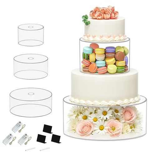 Tortenständer Acryl, 3-er Set Kuchentrenner 6+8+10 Zoll Transparente Tortenständer Befüllbar mit 3 LED-Lichtketten und Etiketten Hochzeitstortenständer Desserttisch Displaybox für Hochzeiten Geburtsta