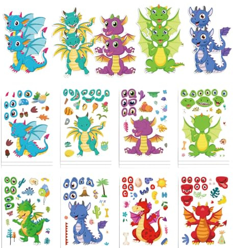 RUISPEED 24 Bögen Drachen Aufkleber zum Selbermachen – Cartoon Make-a-Face Sticker für Kinder ab 3, ideal für Geburtstagsdeko, DIY Bastelset & Mitgebsel bei Drachen-Party