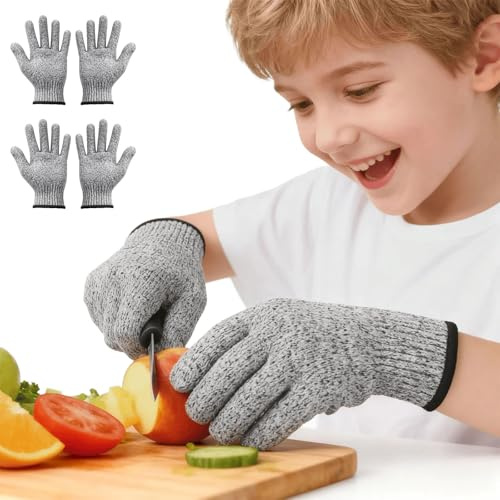 Thalire 2 Paar Stufe 5 Schnittschutzhandschuhe Kinder 5-8 Jahre, 16 cm/XXS Schnittfeste Handschuhe für Kinder, Kinder-Arbeitshandschuhe Küche & Schnitzen, Grau