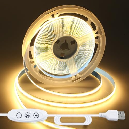 CUQI Striscia LED COB 5M, 3000K USB Bianco Caldo Striscia LED Dimmerabile per Retroilluminazione TV LED, Armadi, Specchi, Camere da Letto, Decorazioni per la Casa (1600 LED/5M)