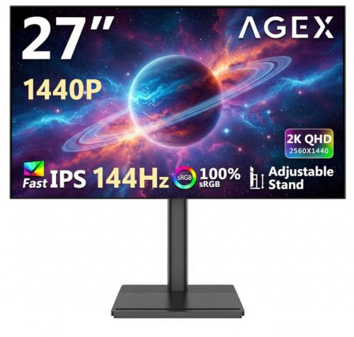X AGEX 27 Zoll QHD Gaming Monitor 144Hz 2560x1440 Fast IPS Panel 2K 1440P | PC Bildschirm, 1ms MPRT, 350cd/m² Helligkeit, 100% sRGB, 2000:1 Kontrast, FreeSync, HDMI DisplayPort Höhenverstellbar Schwarz