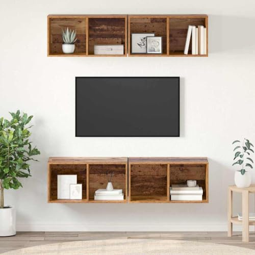 Holamys Wand TV Schrank 4er Set, Altholz, 37x37x72 cm, Holzwerkstoff, Modulares Regalsystem für Wohnzimmer, Schlafzimmer, platzsparend