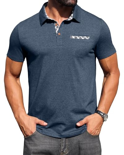 Hisir Mens Polo Shirt Cotton Short Sleeve Contrasting Colors Regular T-Shirt Tops Summer Casual Sports Workwear with Pocket