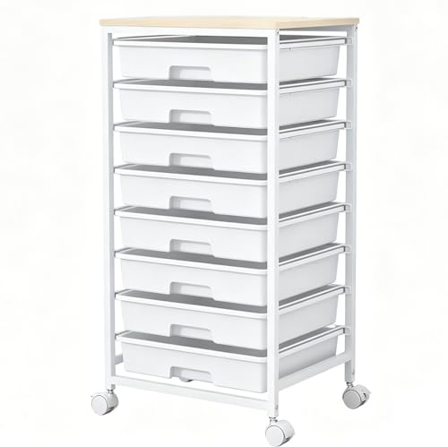 KIRJAUDU Cajonera 8 Cajones con Ruedas, Plástico, Encimera Madera Multiuso | Cajonera plástica 8 cajones con encimera de madera y ruedas, ideal para oficina, dormitorio, baño, cocina y taller creativo.