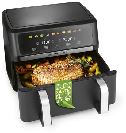 GOURMETmaxx Heißluftfritteuse AirGenius 10L | 2x5L Airfryer Vario-Kammer | Fritteuse mit 10 Programmen & Touchscreen | Heißluftfritteuse 2 Kammern | Heissluftfritteuse Doppelkammer für max. 8 Personen