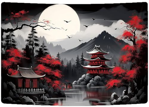 Riven Mountain Forest Natur Wandteppich für Schlafzimmer Schwarz Weiß Mond Landschaft Wandbehang Dunkel Sonnenuntergang Baum Groß Japanisch Asiatisch