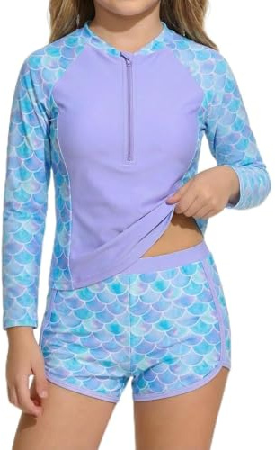 JiAmy Maillot de bain 2 pièces Rashguard pour fille - Manches longues - Protection UV - Avec short - Demi-fermeture éclair - Sirène - Licorne - Flamant rose - Motif floral - 3 à 7 ans, Sirène bleue