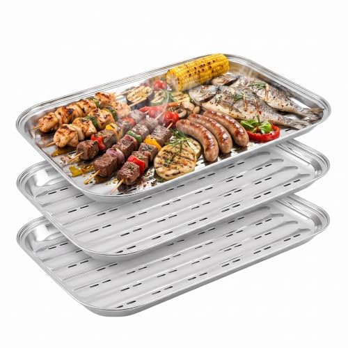 3 Stück BBQ Grillschalen Aus Edelstahl, Grillschale Wiederverwendbar, Wiederverwendbare Grillkorb Gemüsekorb, Grillzubehör für Gemüse, Fisch Oder Fleisch Grillpfanne (rot)