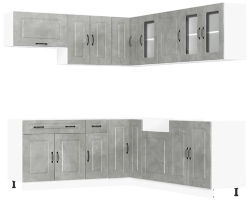 QJBSAVVA 11-TLG. Küchenzeile Küchenschrank-Set Kalmar, Betongrau Holzwerkstoff, Modulare Einbauküche mit Unterschränken und Hängeschränken für viel Stauraum, Beton-Optik