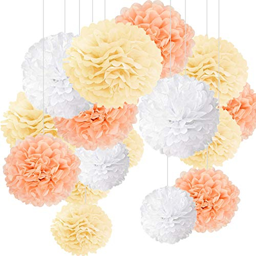 15er Set Pompoms Deko Bunt Seidenpapier Pompons für Hochzeit, Geburtstag, Party Grün Flach Grün Weiß (3pcs*30.5cm/6pcs*25cm/6pcs*15.5cm)